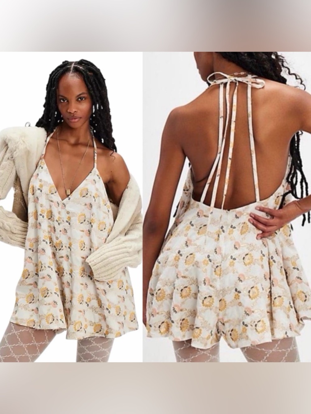 Free People Chiara Embroidered Boho Gold Metallic Strappy Romper XS